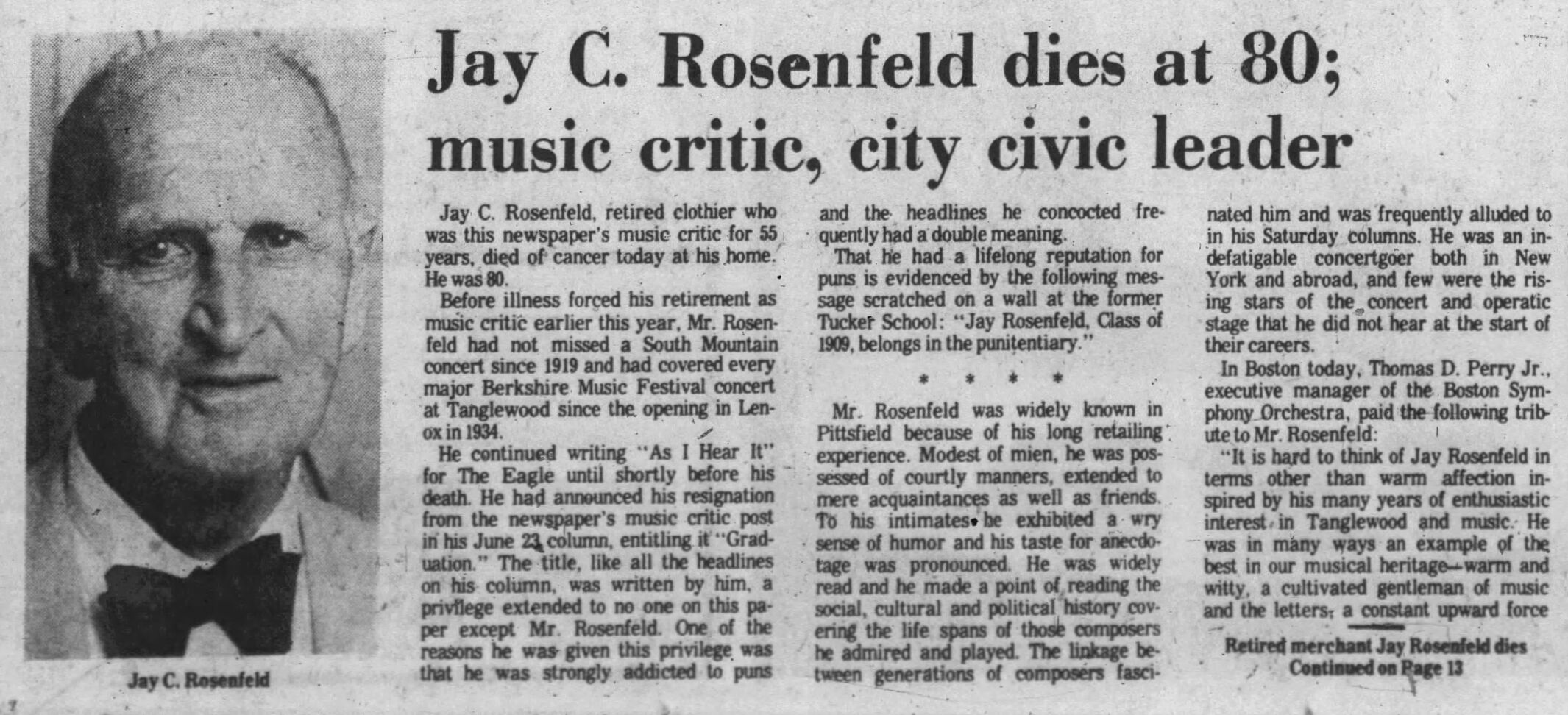 Newspaper clipping of Rosenfeld obit